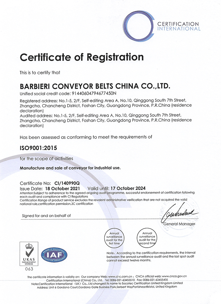 巴贝利质量体系认证证书（英文版）